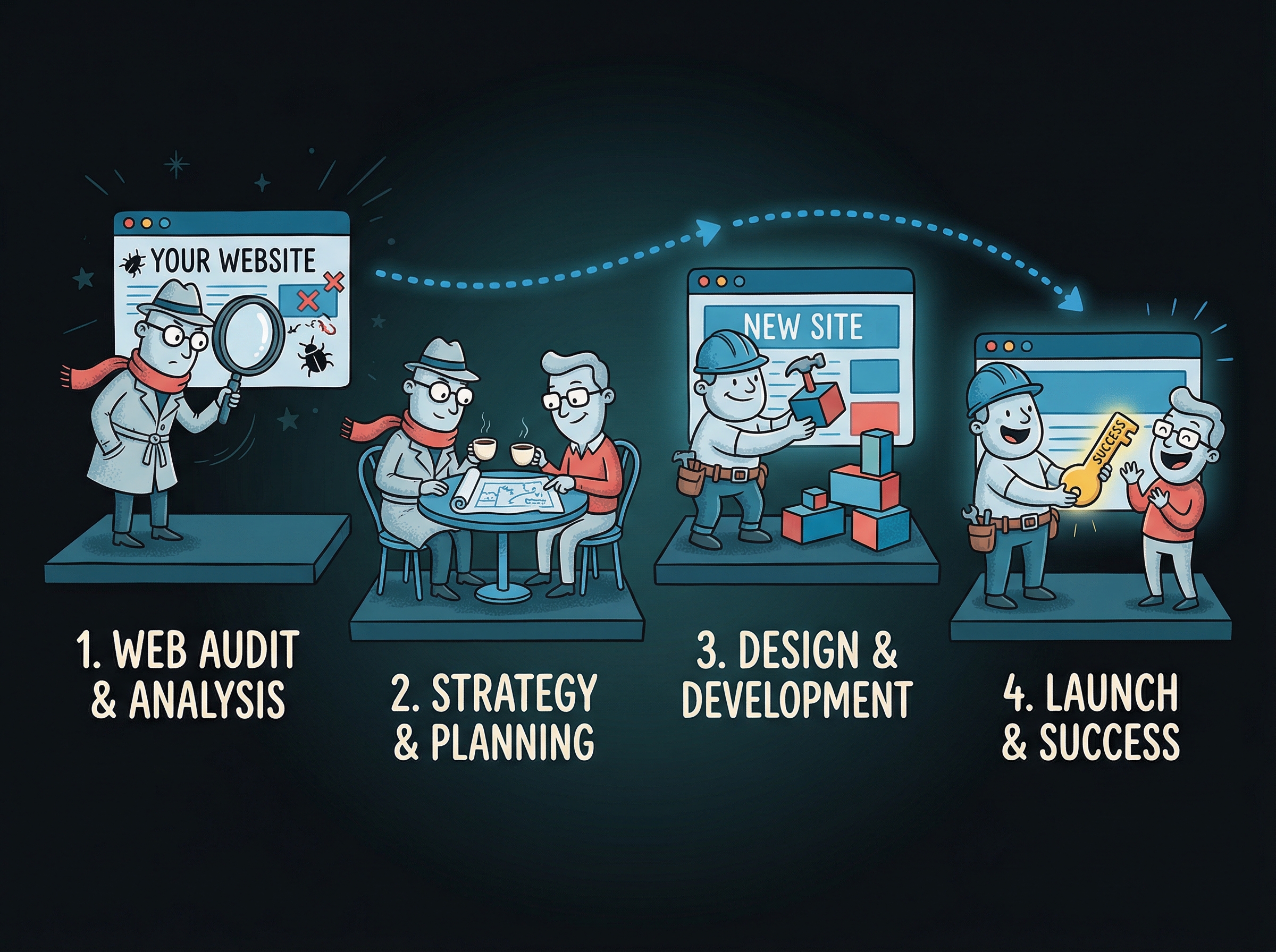 Illustration showing the web audit, strategy, design, and launch process